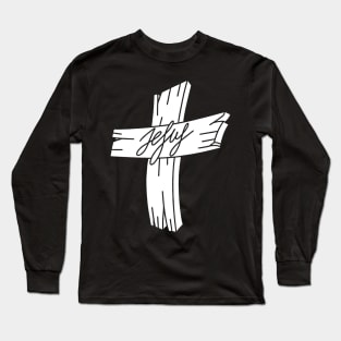 A wooden cross with the inscription Jesus. Long Sleeve T-Shirt